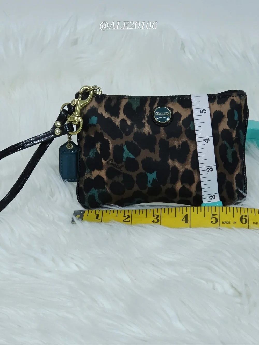 Coach Leopard Print Wristlet Zip Pouch Brown Teal Small Bag